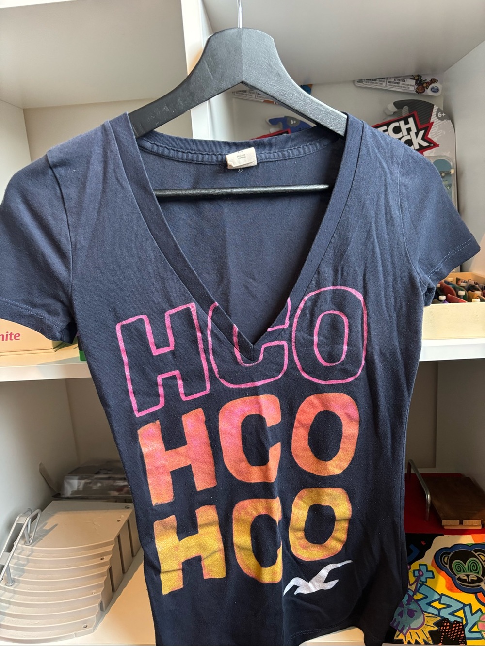 Y2K Hollister  Navy V-Neck Tee with Pink-Orange Gradient HCO Print